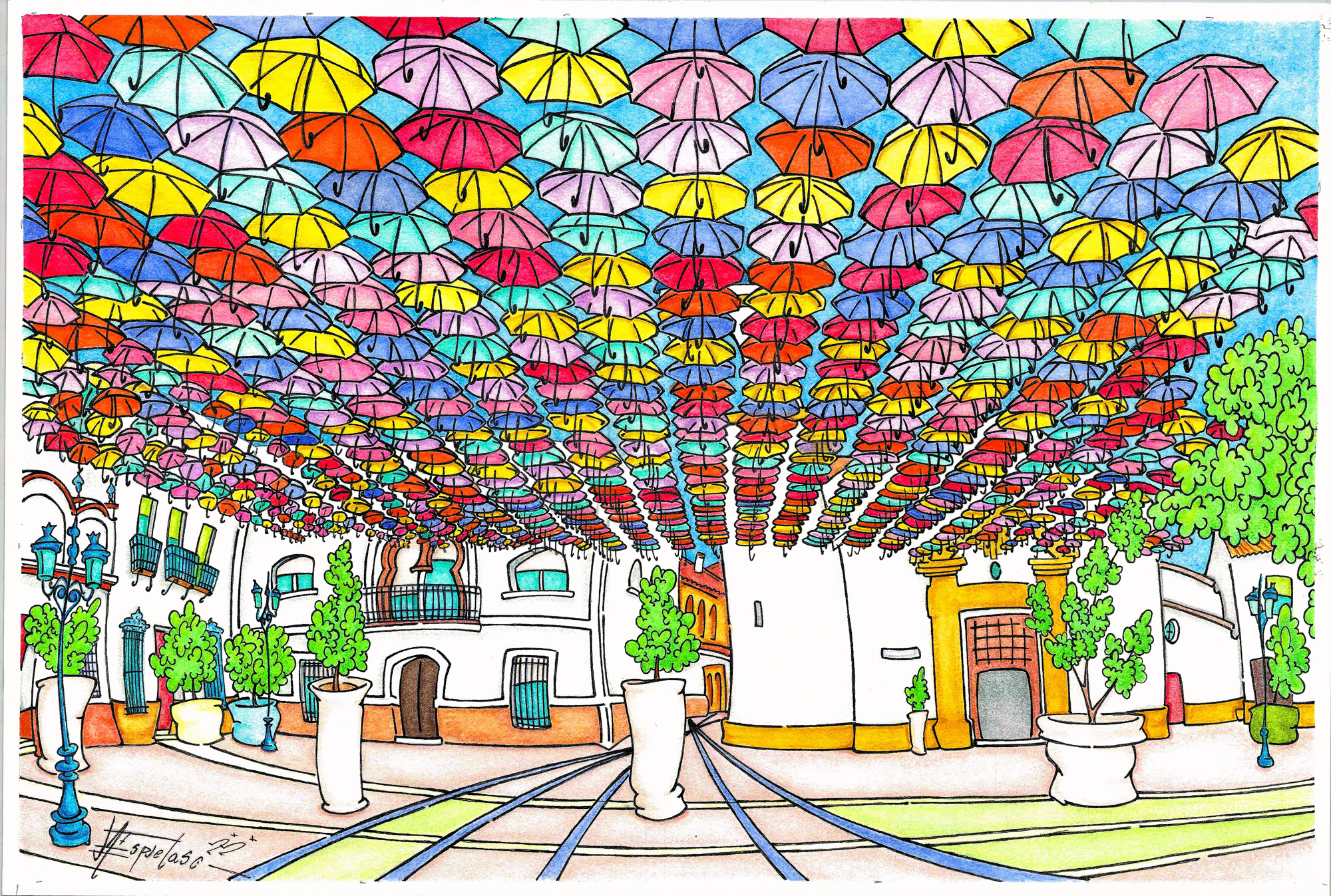 Plaza de España en san Bartolome decorada con un toldo de paraguas de colores