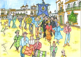 Tintin y sus amigos peregrinando hacia el Rocío con la Hermandad de Bruselas